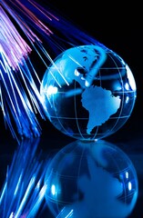 Glass Blue Globe against Fiber Optic Background