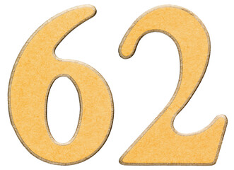 62, sixty two, numeral of wood combined with yellow insert, isolated on white background