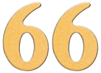 66, sixty six, numeral of wood combined with yellow insert, isolated on white background