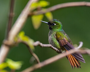 Fototapeta na wymiar A tiny, colorful, hummingbird resting on a tree branch