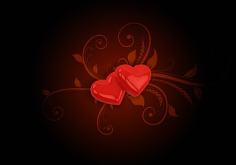 Valentine's Day background of shining red hearts and swirls on black background