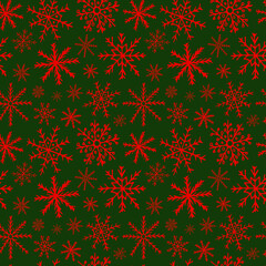 Red snowflakes on dark green background. Christmas vector pattern.  Wrapping paper, greeting cards.