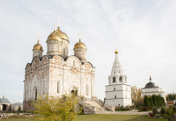Fototapeta na wymiar Cathedral of the Nativity of the virgin, Russian Church and bell tower in Luzhetsky Ferapontov monastery, Mozhaysk, Moscow region, Russia