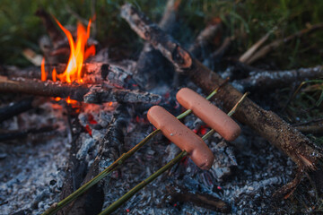 sausages are fried on a campfire