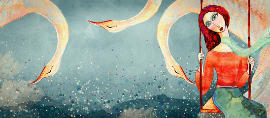 Girl on a swing and birds. Watercolor background, design element © pronoia