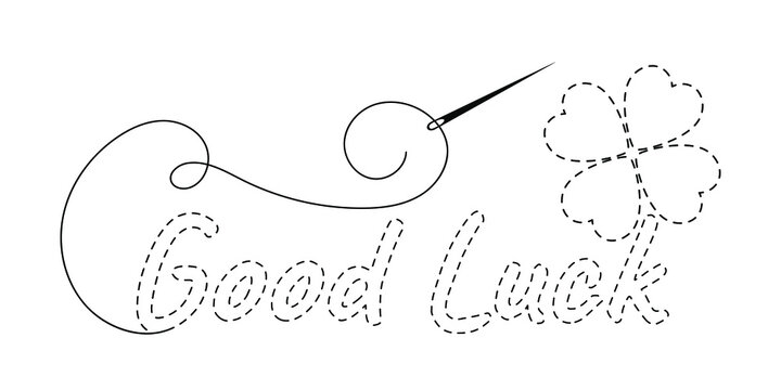 Silhouette of embroidered inscription "Good Luck" and clover with interrupted contour. Vector illustration of handmade work with embroidery thread and needle on white background.