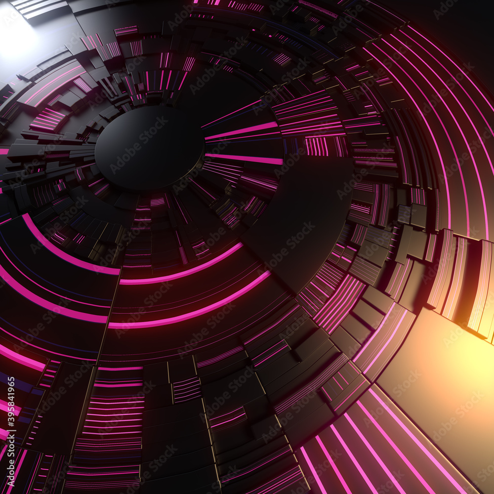 Aufkleber 3d rendering dark circular geometric pattern with glowing elements. Modern design. Depth of field. Digital illustration