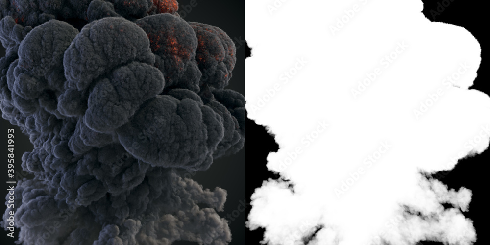 Poster realistic great cloud of dark smoke with alpha matte. 3d rendering illustration