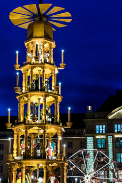 Dresden, Germany - december 2019: Famous Christmas pyramid carousel on the Altmarkt Christmas market/Striezelmarkt
