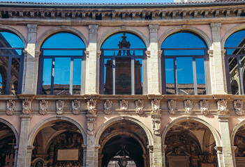 View from inner court on Archiginnasi - historic main building of University in Bologna city, Italy © Fotokon