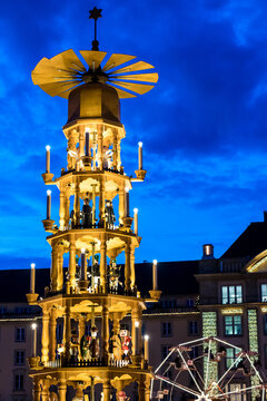 Dresden, Germany - december 2019: Famous Christmas pyramid carousel on the Altmarkt Christmas market/Striezelmarkt