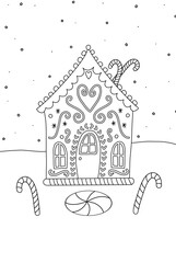 Coloring page with gingerbread house in snow and two candy canes - 395842712