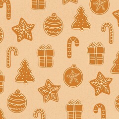 Gingerbread seamless pattern, stars, christmas trees, gifts - 395842768