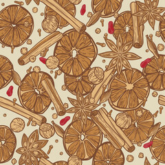 Seamless pattern with mulled wine ingredients (star anise, cinnamon, cardamom, barberry, black pepper, nutmeg, dried orange, cloves)