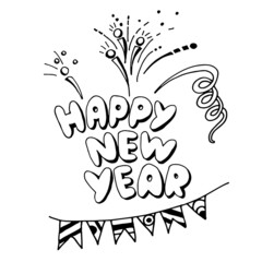 Happy New Year hand drawing doodle outline. New Year greeting card. Vector illustration.