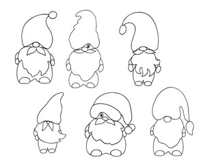 Cute outline gnome little Christmas fancy creature simple hand drawn cartoon vector illustration, flat design for winter holidays greeting cards, invitations, banners, Santa Claus fairy tale helper