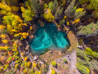 Wonderful bird view on a deep-sea picturesque emerald lake in the shape of a heart, located next to a dense forest filled with various tall trees