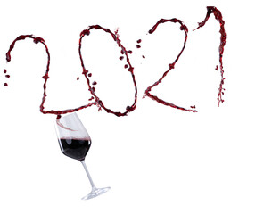 red wine glass with splashes that write 2021