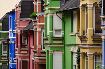 Colorful bilbao houses on a rainy day
