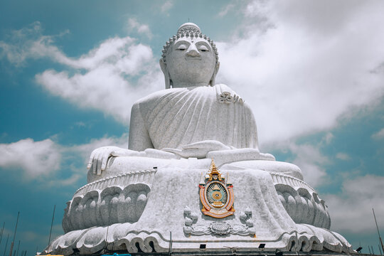 Aerial view Big Buddha of Phuket Thailand Height: 45 m on the top of the mountain, white statue