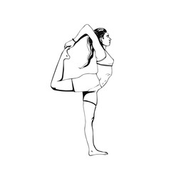 Young woman in yoga pose natarajasana, hand drawn vector in line art of black. Yoga vector illustration