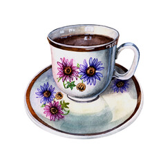 Cup of tea on a saucer. Design idea for menu, postcard. Watercolor illustration