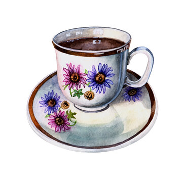 Cup of tea on a saucer. Design idea for menu, postcard. Watercolor illustration