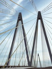 close-up of a modern bridge against a blue sky