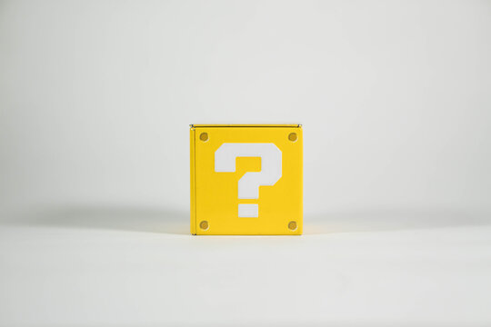 metal toy blocks with a question mark front view