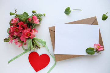 happy valentine's day card mockup. bouquet of tulips on white background, red heart and place for text