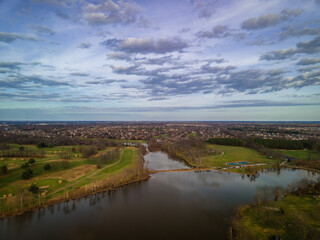 Fototapeta na wymiar Aerial view from Jacobson park lake toward city of Lexington, Kentucky