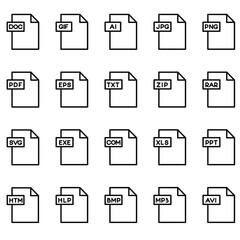 Vector illustration. Types of electronic documents. Paper sheet icons set, paper format.