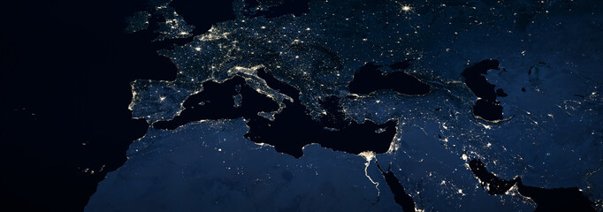 Europe, Mediterranean and Middle East at night, panoramic view from space. Elements of this image furnished by NASA.