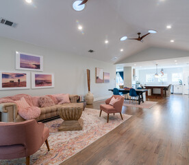 Open floor plan, living, dining, kitchen, eclectic, blush, blue, white