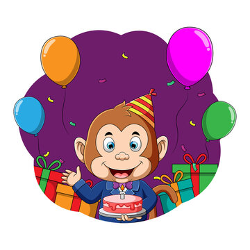 The monkey celebrate his birthday with the balloons and cake in his hand with a lot of gift
