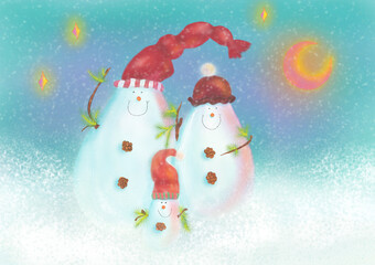 Winter Holidays greeting card with happy snowman family. hand drawn illustration