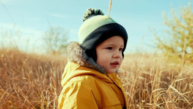 Cute portrait of little toddler baby boy in autumn landscape - park or orange field. Lovely son, family, fall nature concept.