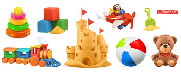Kids toys. Train, plane, castle, ball, cubes, bear. 3d vector icon set - 395859701