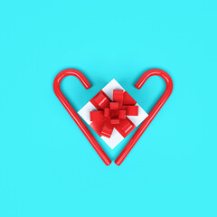 White gift box red ribbon damong red candy in blue background minimal Christmas concept idea 3d render.