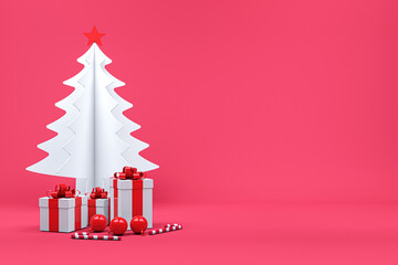 White gift box red ribbon stack among candy white christmas tree in red background. Minimal Christmas concept idea 3d render.