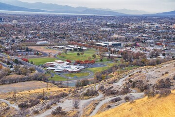 Utah State Hospital, Provo Landscape views from the Bonneville Shoreline Trail (BST), which follows the eastern shoreline of ancient Lake Bonneville Great Salt Lake, Wasatch Front Rocky Mountains Utah