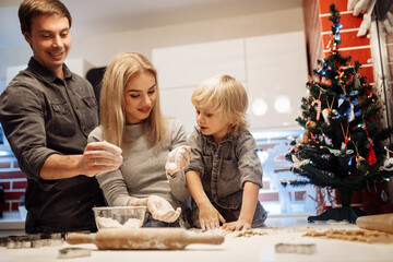 Wonderful parents cook with preschool kid, baking cookies for New Year celebration, loving father and mother spend with joyful son winter holidays, Christmas concept