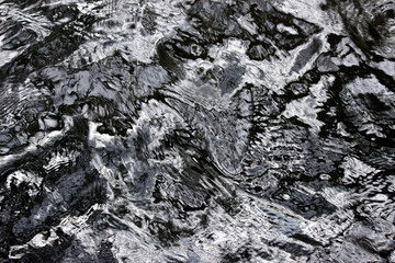 Abstract photography: Monochrome water background in black, white and silver from movement and light reflections on the surface giving a shiny metallic looking effect