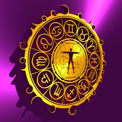Mystical geometry symbol. Linear alchemy, occult, philosophical sign. Astrology and religion concept. Outline silhouette of man. Zodiac circle. 3D rendering