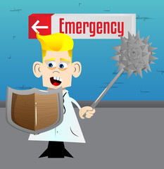 Funny cartoon doctor holding a spiked mace and shield. Vector illustration of a medical worker as a fighter with old weapons.