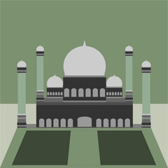 mosque in shades of green gray with a dome and four minarets. flat vector. suitable for modern, and islamic themed designs