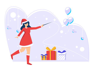 Christmas holiday celebration. a woman holding a magic wand to paint happiness at Christmas. vector illustration.