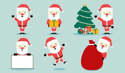 Set of cartoon Santa Claus character. Happy Santa Claus character with gift, bag, Christmas tree, waving and jumping. For Christmas cards, banners, tags and labels. Flat Santa Claus illustration