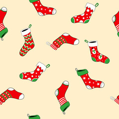 Seamless pattern of Christmas socks. Vector illustration hand drawing socks background. 