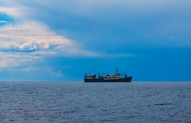 Fishing vessel for fishing in the sea.